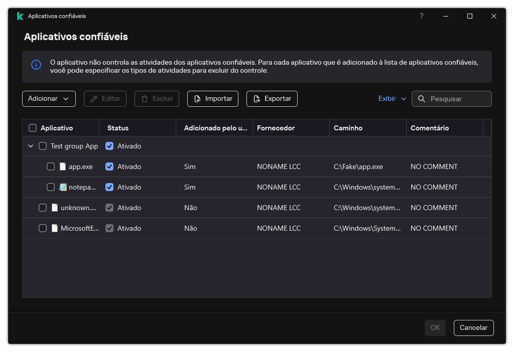 Uma janela com a lista de aplicativos confiáveis. O usuário pode adicionar, editar ou remover um aplicativo confiável.