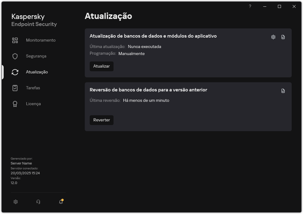 Uma janela com a lista de tarefas de atualização local. O usuário pode iniciar a atualização dos bancos de dados e módulos do aplicativo, assim como reverter a última atualização.