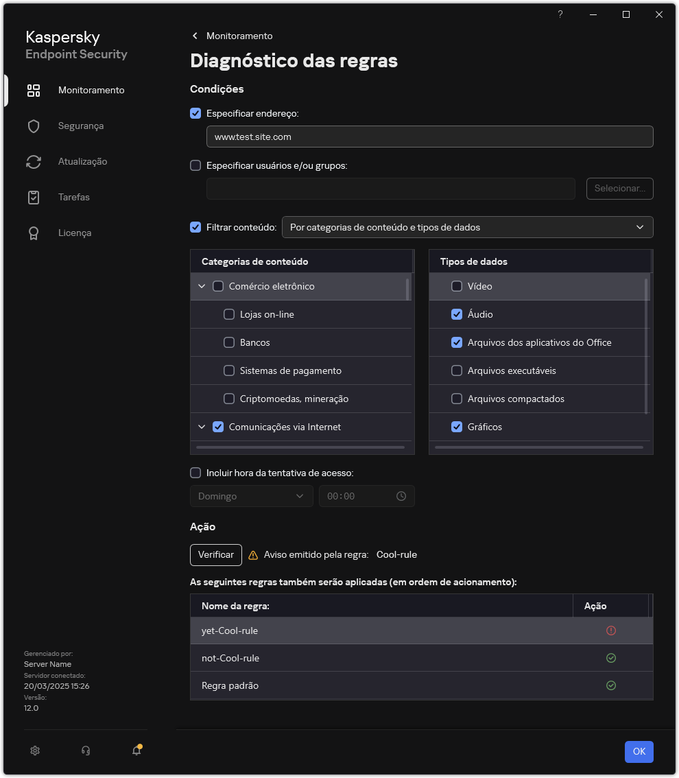 Janela de resultados do teste do Recurso da Web.