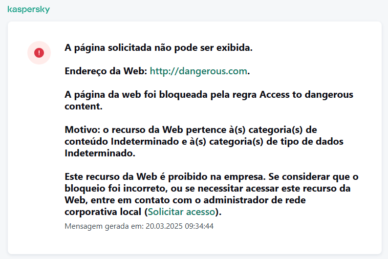 Notificação da Kaspersky sobre o bloqueio de acesso à página da Web na janela do navegador. O usuário pode criar uma solicitação para acessar o recurso da Web.