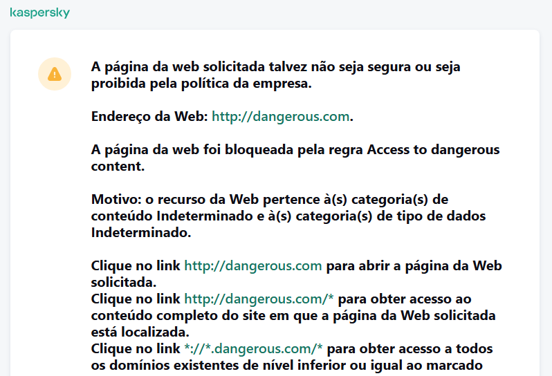 Notificação da Kaspersky sobre a visita a uma página da Web possivelmente insegura na janela do navegador. O usuário pode criar uma solicitação para acessar o recurso da Web.