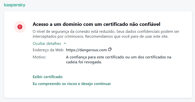 Notificação da Kaspersky sobre a visita a um domínio com um certificado não confiável na janela do navegador. O usuário pode continuar trabalhando.