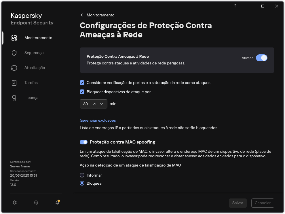 Janela Configurações de Proteção Contra Ameaças à Rede