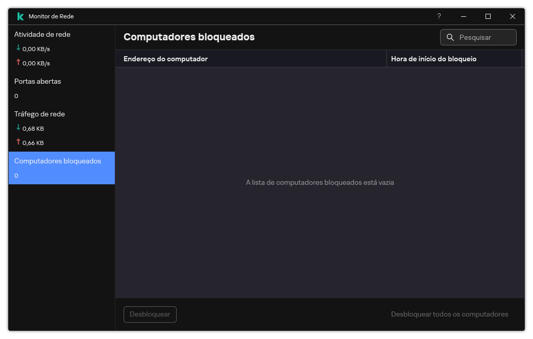 Janela do Monitor de Rede com a lista de computadores bloqueados. É possível desbloquear computadores individuais ou todos os computadores.
