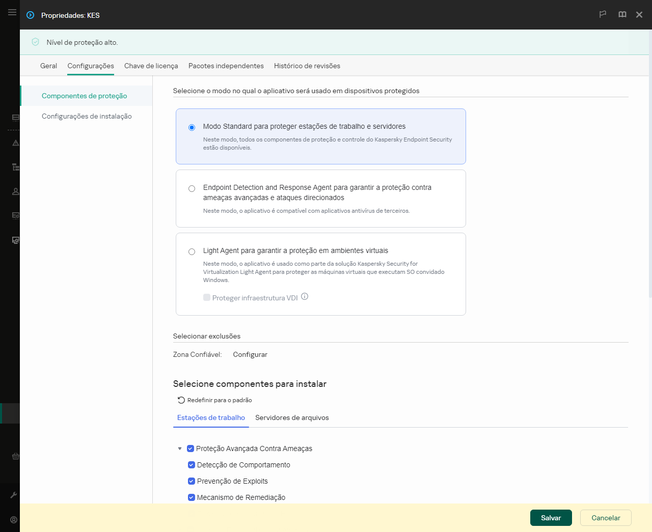Janela de propriedades do pacote de instalação. É possível selecionar quais componentes do aplicativo deseja incluir.