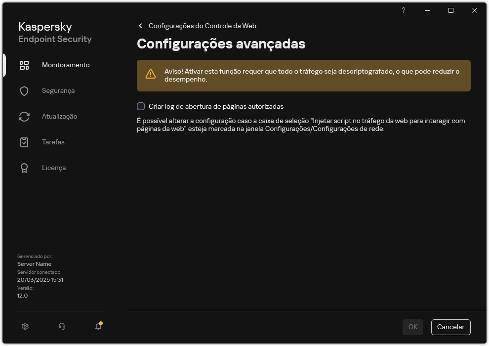 Janela de configurações avançadas do Controle da Web.