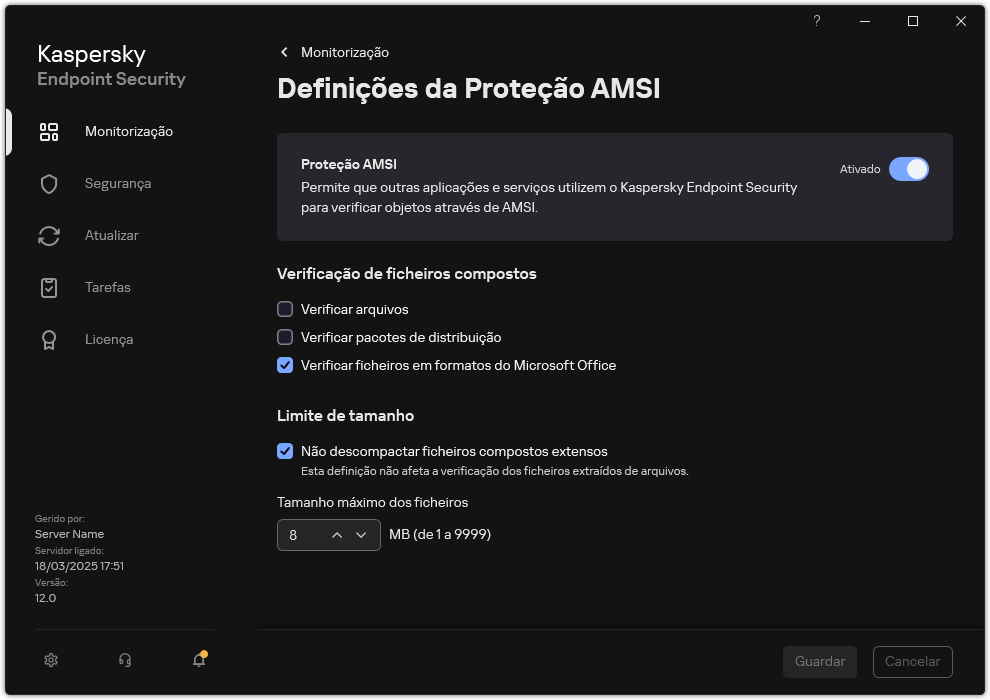Janela de definições de Proteção AMSI.