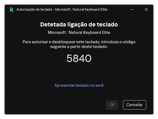 A janela com o código de autorização do teclado. O utilizador pode ativar o teclado no ecrã e inserir o código.