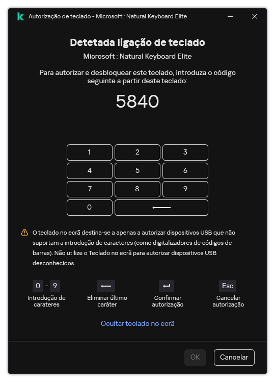 A janela com o código de autorização do teclado e o teclado no ecrã. O utilizador pode inserir o código.