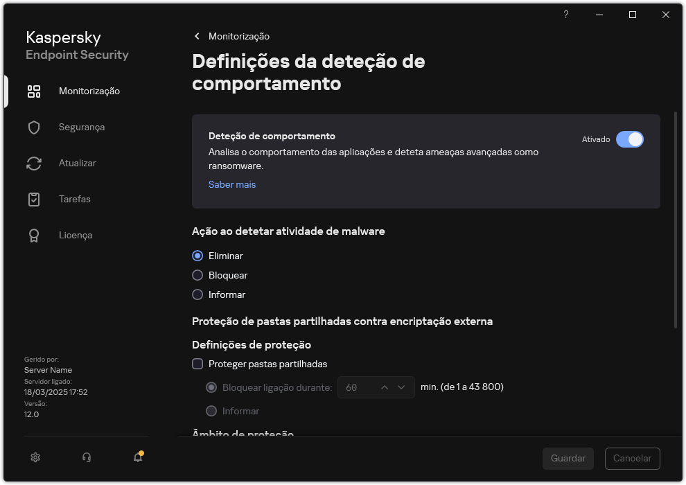 Janela de definições de Deteção de comportamento.