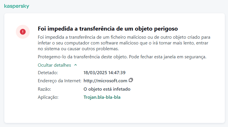 Notificação da Kaspersky sobre como impedir que objetos maliciosos sejam carregados na janela do navegador.
