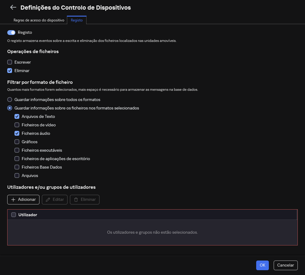 A janela para configurar o registo de eventos sobre o uso de unidades amovíveis. O utilizador pode selecionar os eventos a serem registados.