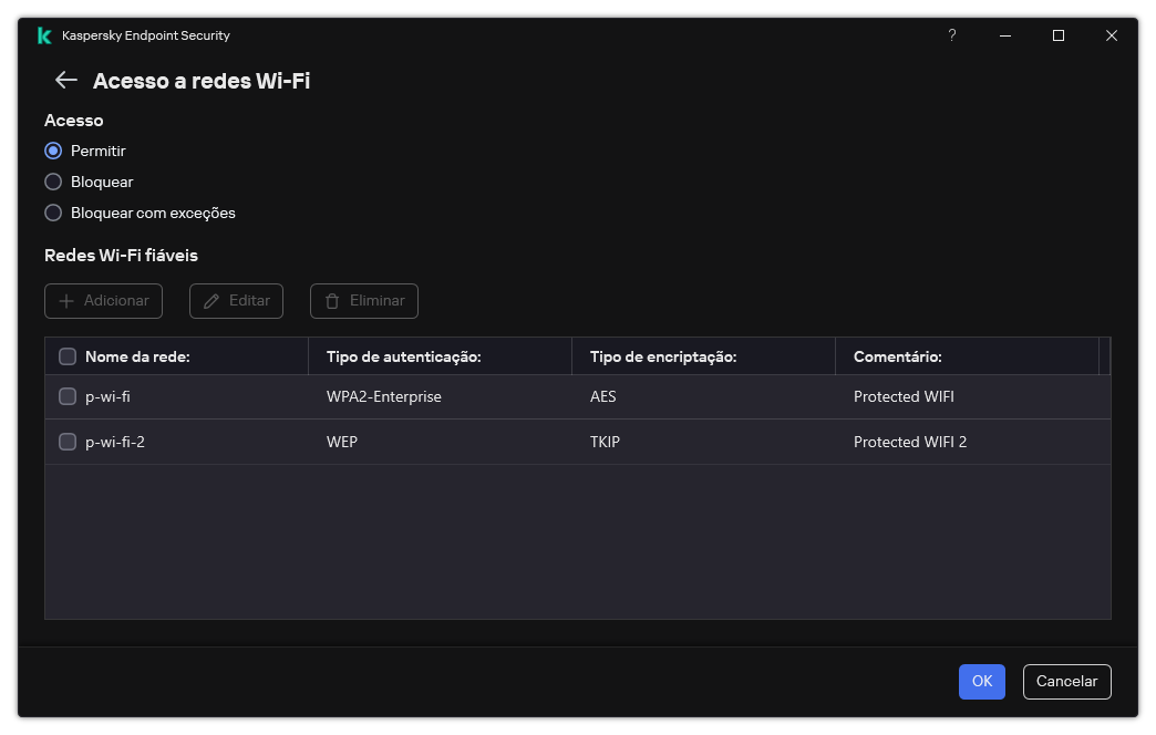 Uma janela com a lista de redes Wi-Fi. O utilizador pode configurar o acesso a todas as redes Wi-Fi e adicionar redes Wi-Fi fiáveis.