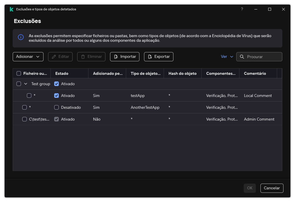 Uma janela com a lista de exclusões. As propriedades de exclusão são exibidas. O utilizador pode adicionar, editar ou eliminar exclusões.