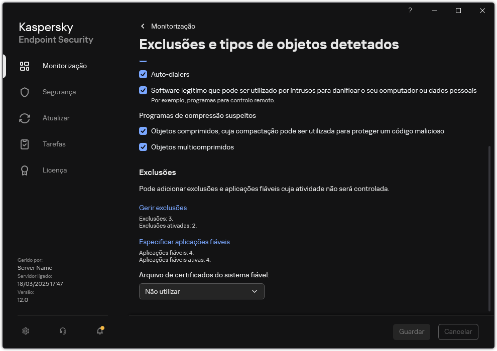 Janela de definições de exclusão. O utilizador pode adicionar exclusões e aplicações fiáveis.