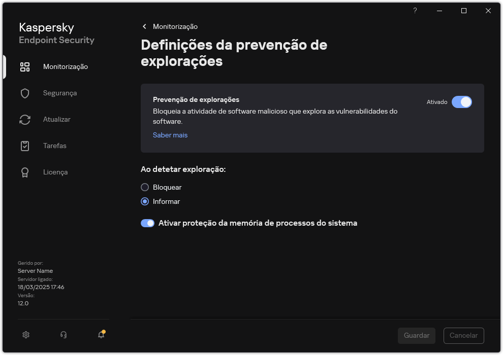 Janela das Definições da prevenção de explorações