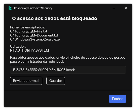 Uma janela com um ficheiro de pedido para aceder a dados encriptados. O utilizador pode guardar o ficheiro gerado no disco ou enviá-lo por e-mail.