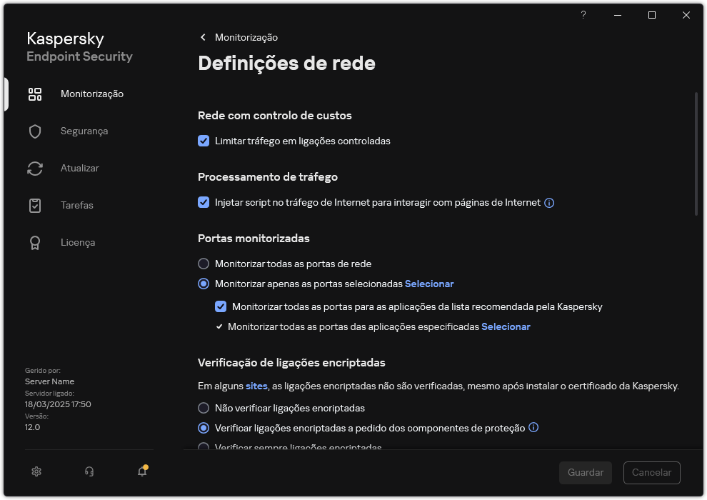 Janela de definições de rede da aplicação.