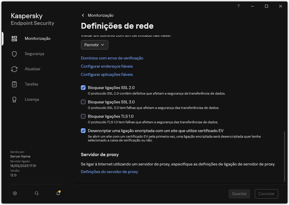 Janela de definições de rede da aplicação.