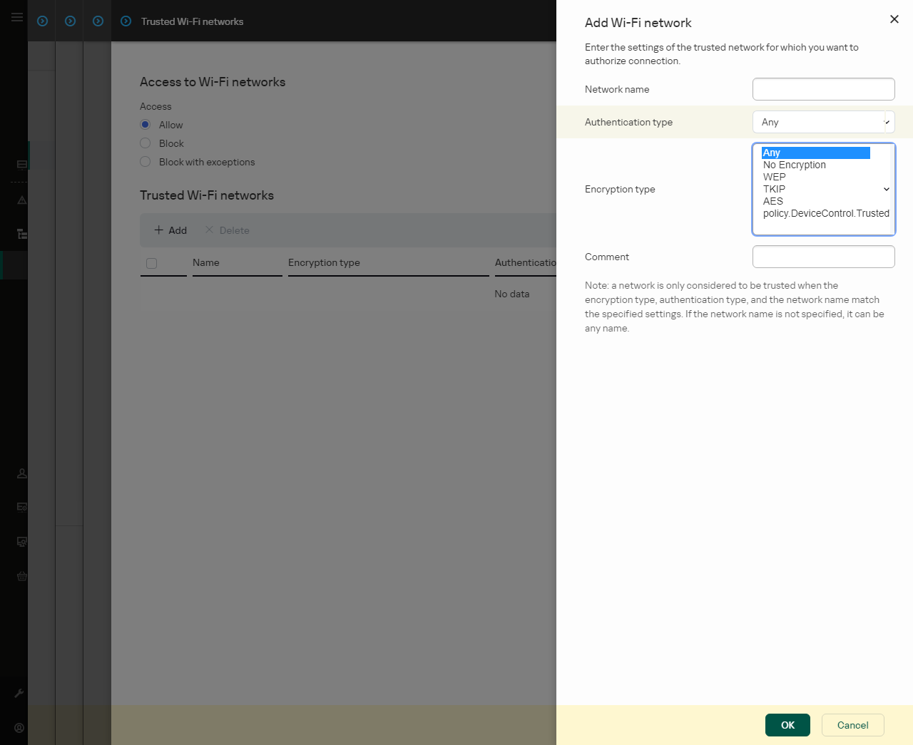 A janela contém as definições da rede Wi-Fi fiável.