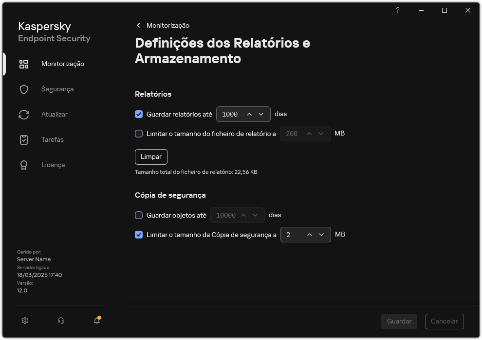 Janela de definições de Relatórios e Armazenamento. O utilizador pode definir o tamanho e limitar o tempo de armazenamento de relatórios e objetos no repositório.