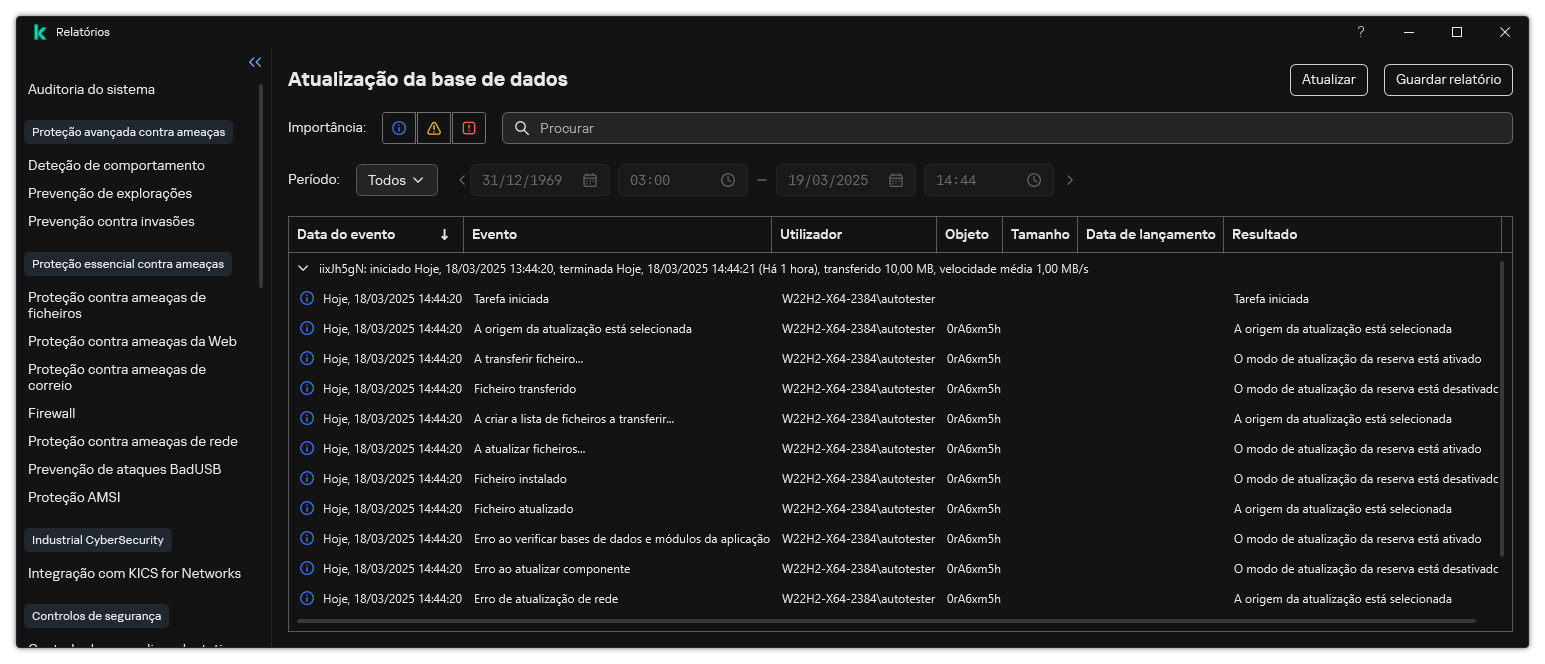 Uma janela com a lista de eventos no relatório. O utilizador pode filtrar/ordenar eventos e guardar relatórios num ficheiro.