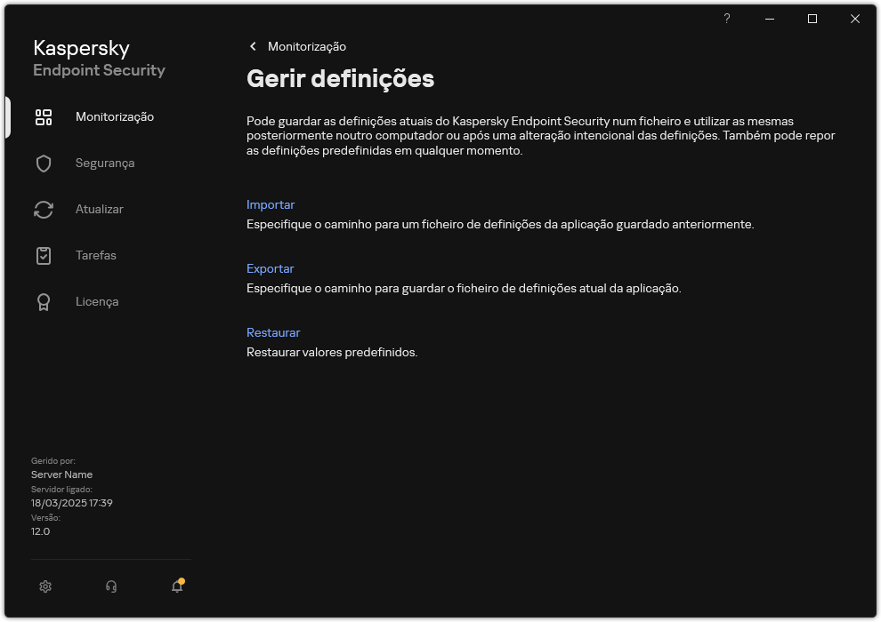 Janela de definições de exclusão. O utilizador pode exportar, importar ou restaurar as definições da aplicação.