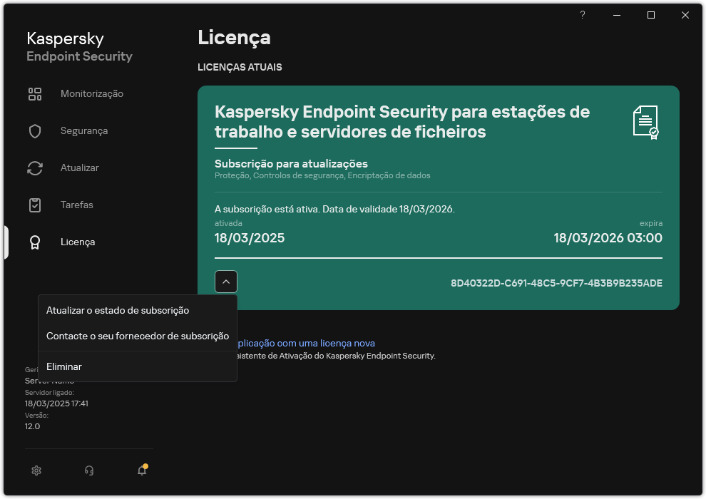 A janela com informações sobre a licença. O utilizador pode atualizar o estado da subscrição, entrar em contacto com o fornecedor da subscrição ou remover a licença.