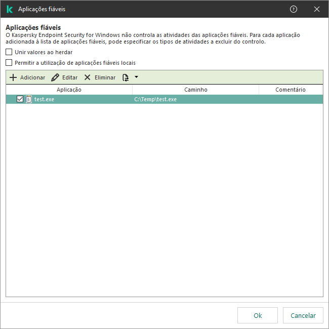 Uma janela com a lista de aplicações fiáveis. O utilizador pode adicionar, editar ou remover uma aplicação fiável.