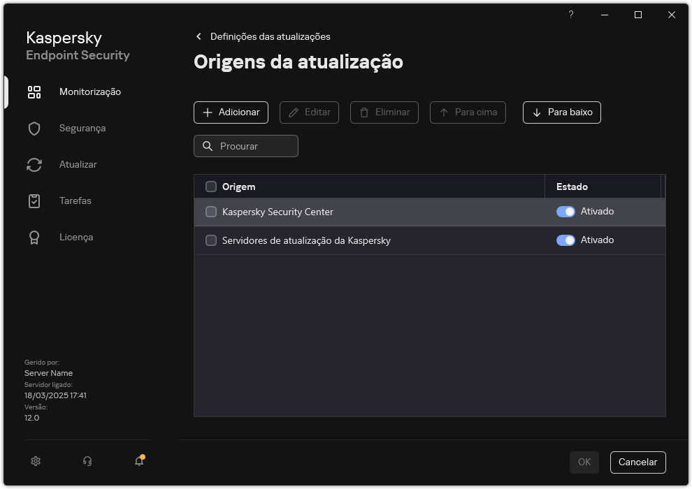 Uma janela com a lista das origens de atualização. O utilizador pode adicionar origens de atualização e atribuir uma prioridade à origem.