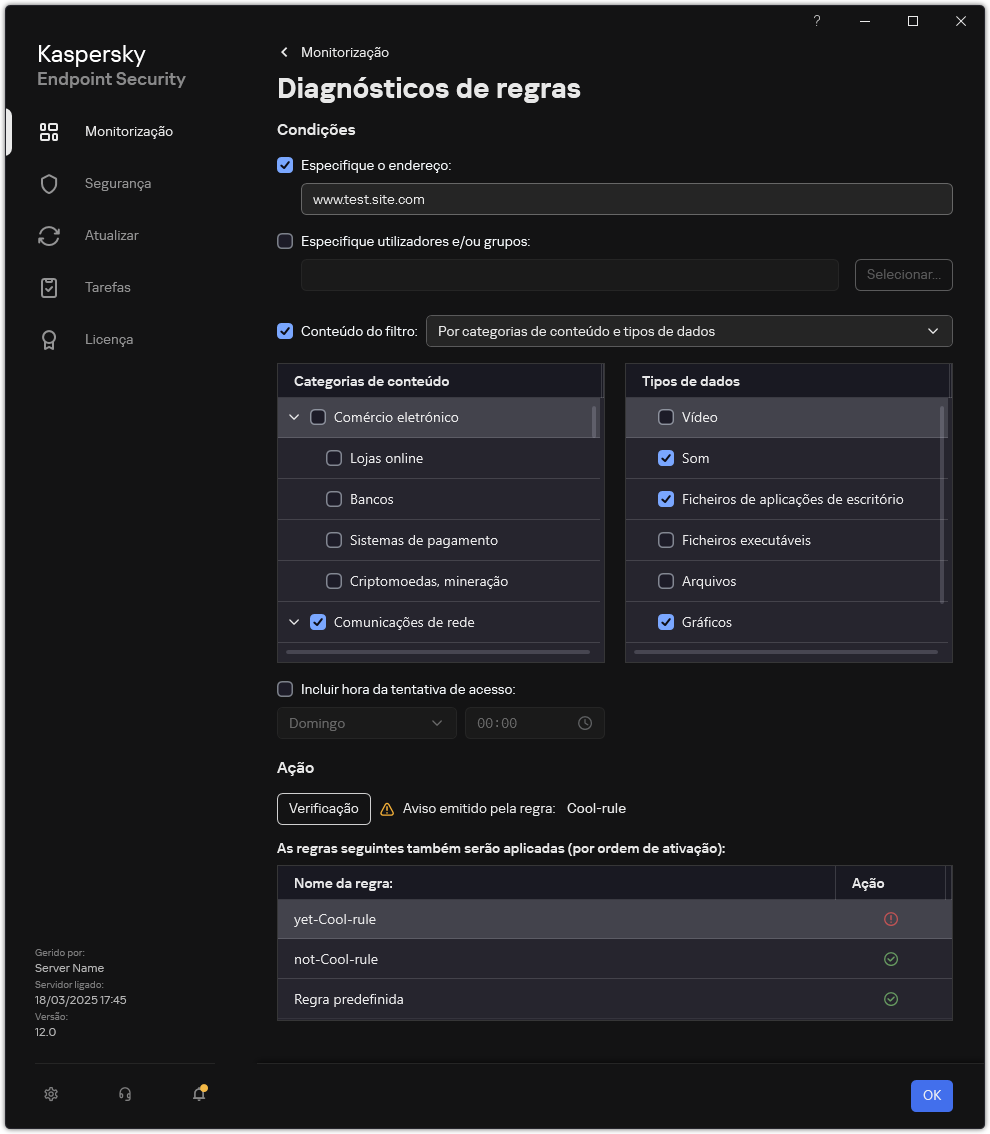 Janela de resultados do teste do recurso da Web.