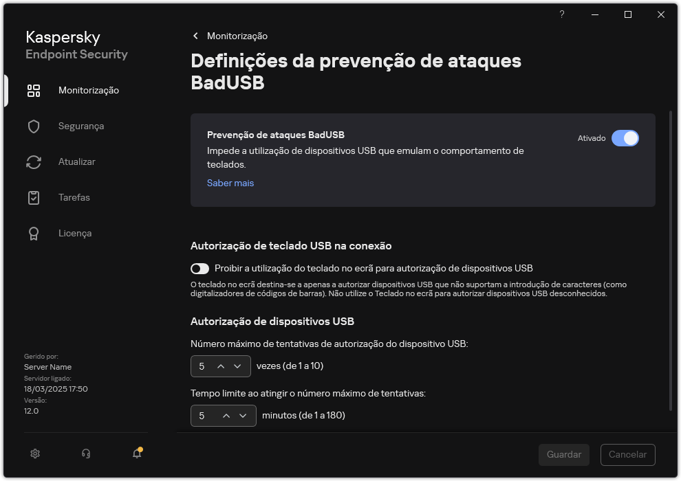Janela de definições de Prevenção de ataques BadUSB.