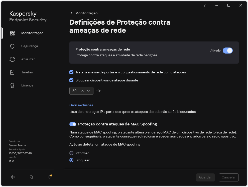 Janela de definições da Proteção contra ameaças de Rede