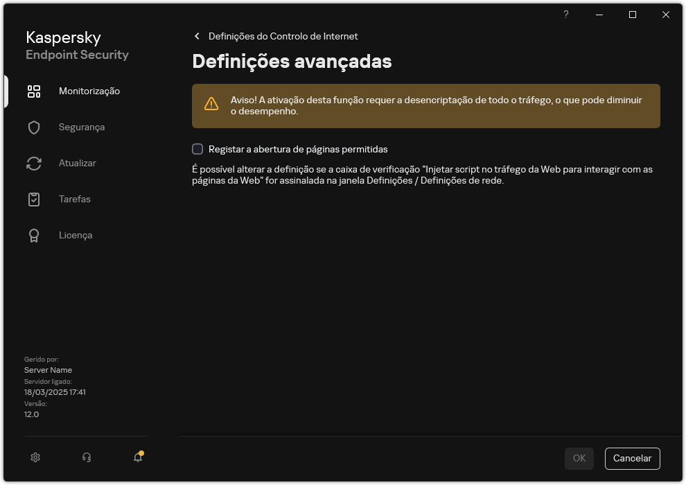 Janela de definições avançadas do Controlo de Internet.