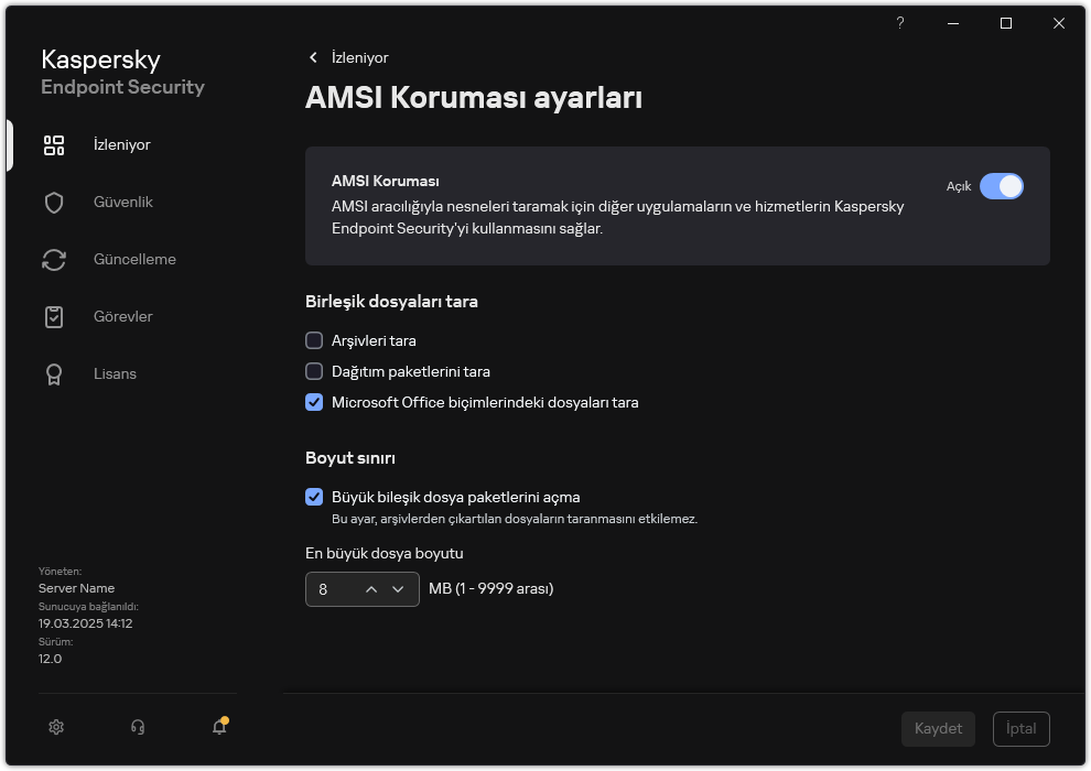 AMSI Koruma ayarları penceresi.