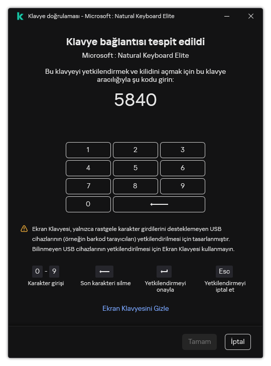 Klavye yetkilendirme kodunun ve Ekran Klavyesinin bulunduğu pencere. Kullanıcı kodu girebilir.