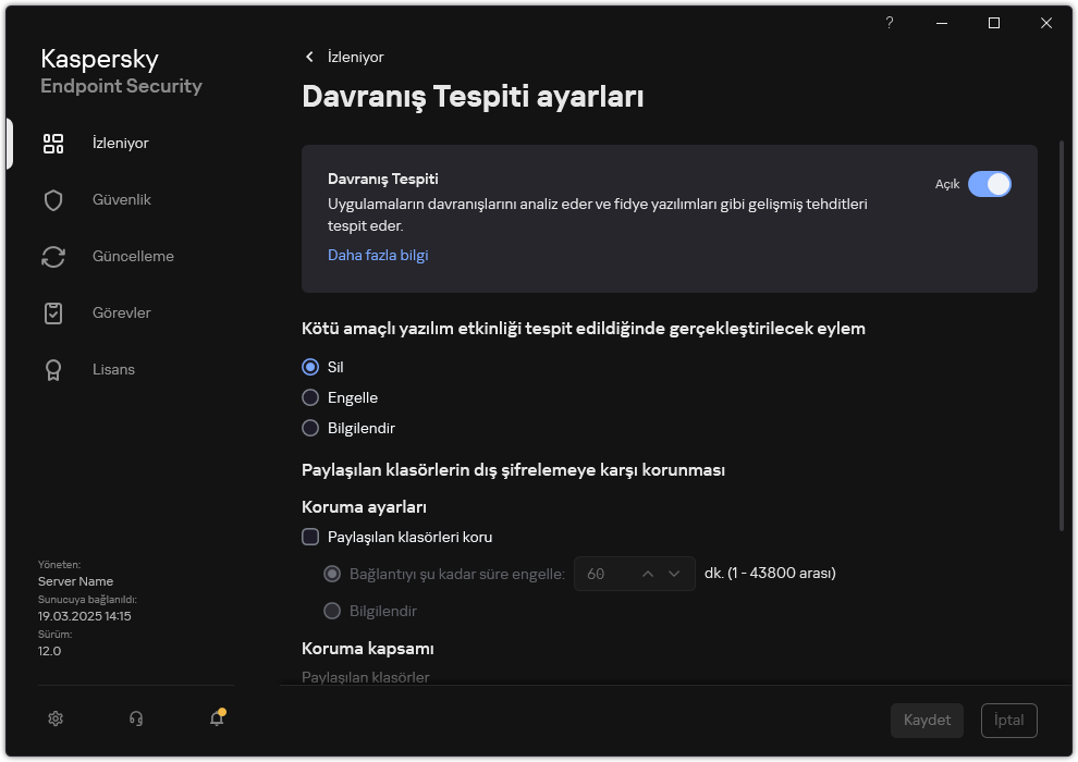 Davranış Tespiti ayarları penceresi.