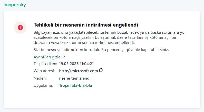 Kötü amaçlı nesnenin tarayıcı penceresine yüklenmesini önleme hakkında Kaspersky bildirimi.