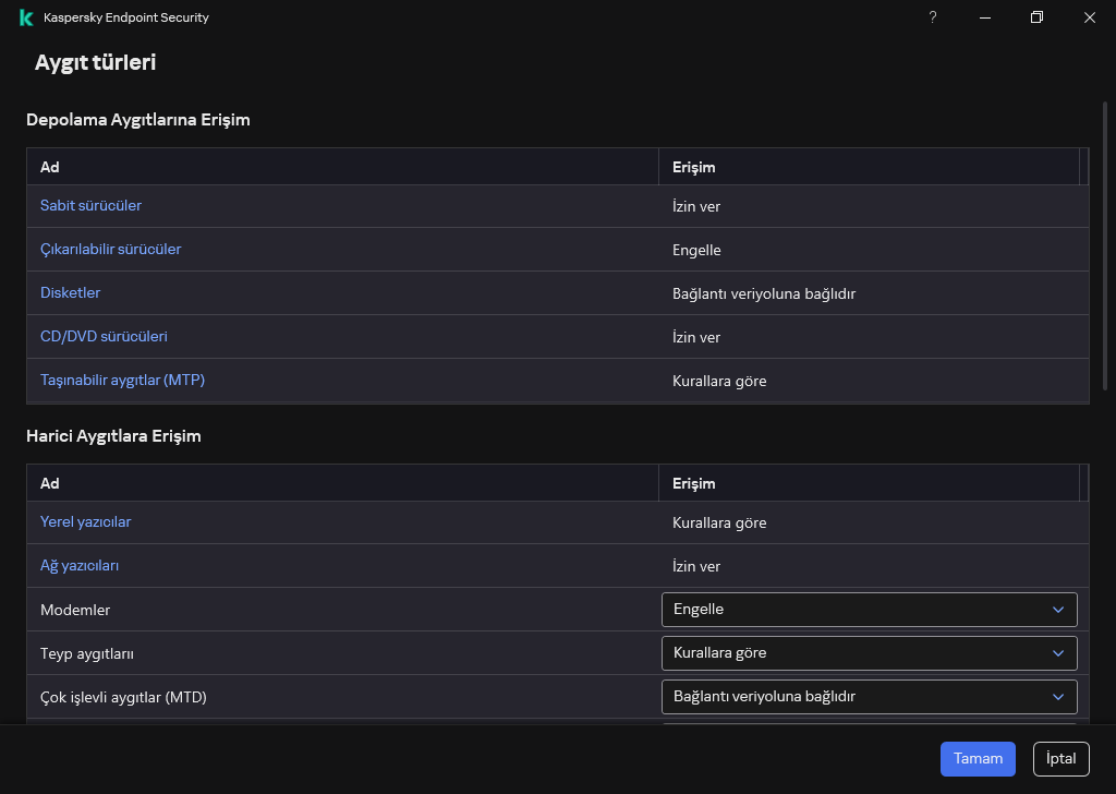 Aygıtlara erişimi yapılandırma penceresi. Kullanıcı, aygıtlarıa erişimi yapılandırabilir ve erişim planı gibi ek erişim parametrelerini ayarlayabilir.