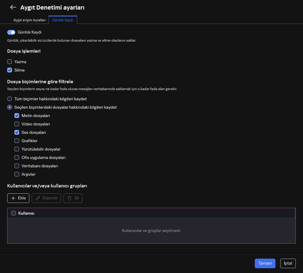Çıkarılabilir sürücülerin kullanımıyla ilgili olayların günlüğe kaydedilmesini yapılandırma penceresi. Kullanıcı günlüğe kaydedilecek olayları seçebilir.