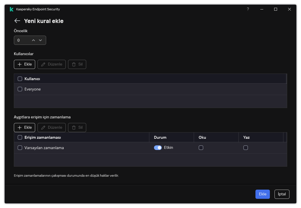Aygıt Denetimi kuralı yapılandırma penceresi. Kullanıcı kural önceliğini atayabilir, kurala kullanıcılar ekleyebilir ve kural zamanlamasını ayarlayabilir.