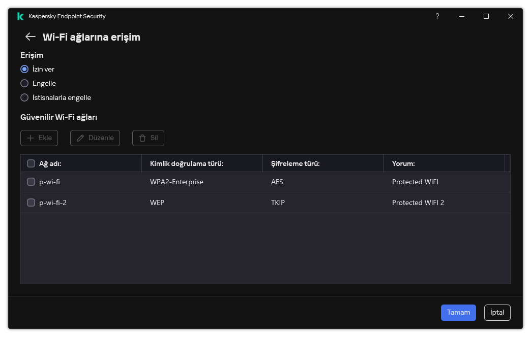 Wi-Fi ağlarının listesini içeren bir pencere. Kullanıcı tüm Wi-Fi ağlarına erişimi yapılandırabilir ve güvenilir Wi-Fi ağları ekleyebilir.