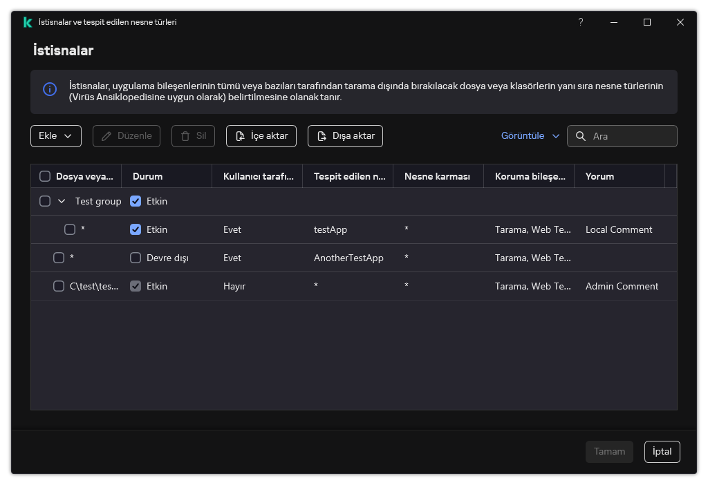 İstisnaların listesini içeren bir pencere. İstisna özellikleri görüntülenir. Kullanıcı istisnalar ekleyebilir, düzenleyebilir veya silebilir.