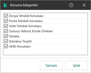 Uygulama bileşenlerinin listesini içeren bir pencere. İstisna, yalnızca seçilen bileşenlerin çalışması için geçerlidir.