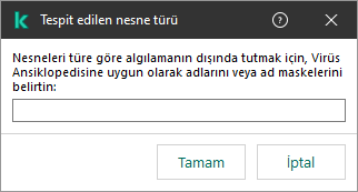 Kaspersky Virüs Ansiklopedisi sınıflandırmasına göre nesne adı veya ad maskesi girmek için alana sahip bir pencere.