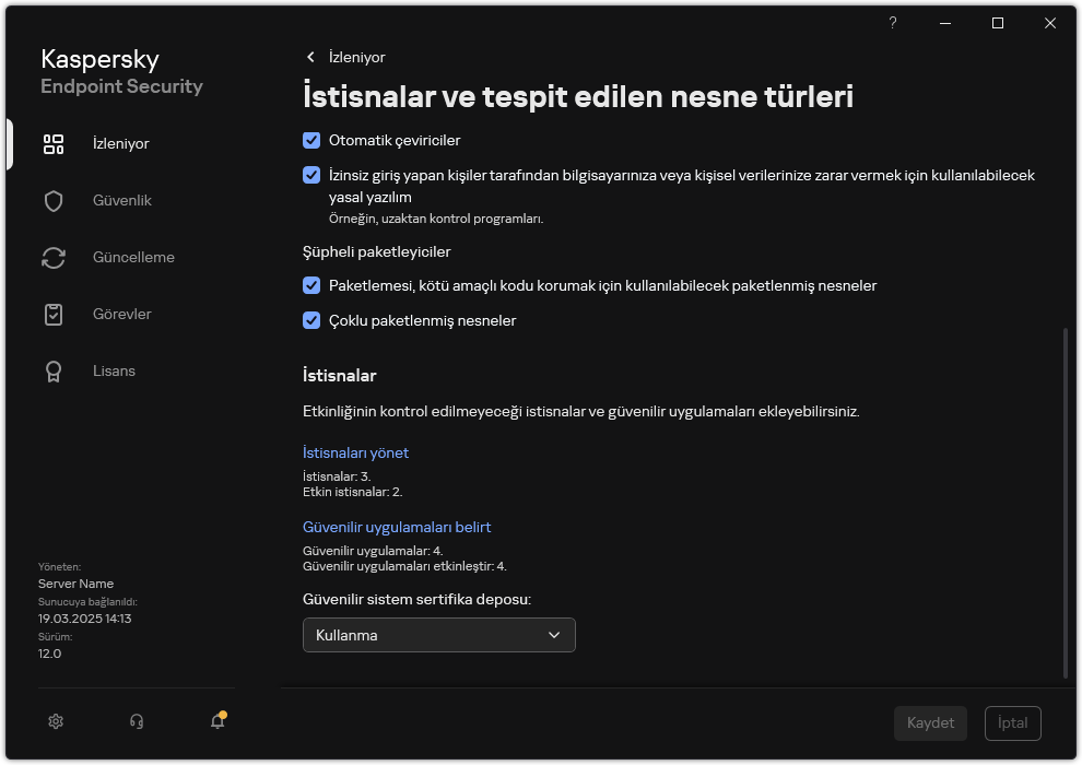 İstisna ayarları penceresi. Kullanıcı, istisnalar ve güvenilir uygulamalar ekleyebilir.