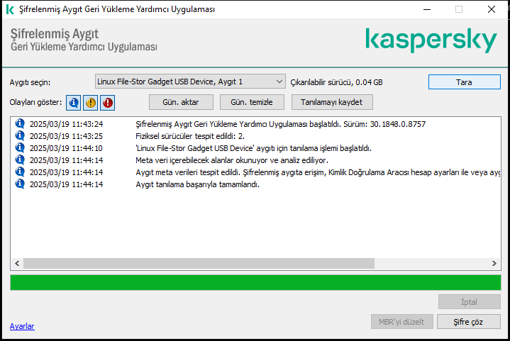 Yardımcı program olaylarının listesini içeren bir pencere. Kullanıcı tanılamayı çalıştırabilir ve seçilen cihazın şifresini çözebilir.