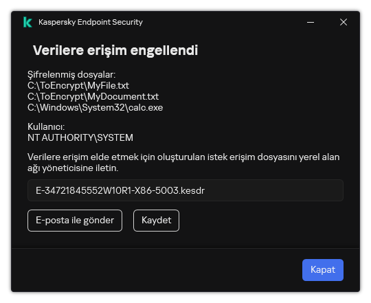 Şifrelenmiş verilere erişmek için istek dosyası içeren bir pencere. Kullanıcı, oluşturulan dosyayı diske kaydedebilir veya e-posta ile gönderebilir.