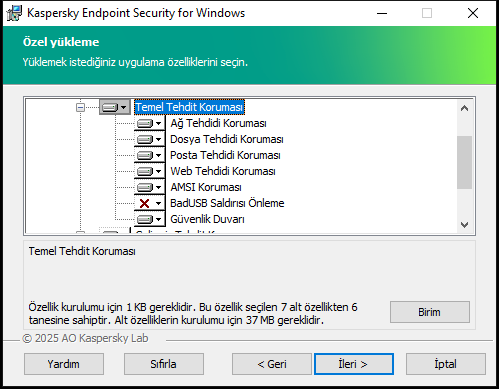 Kullanıcının seçebileceği bileşenlerin listesini içeren yükleyici penceresi.