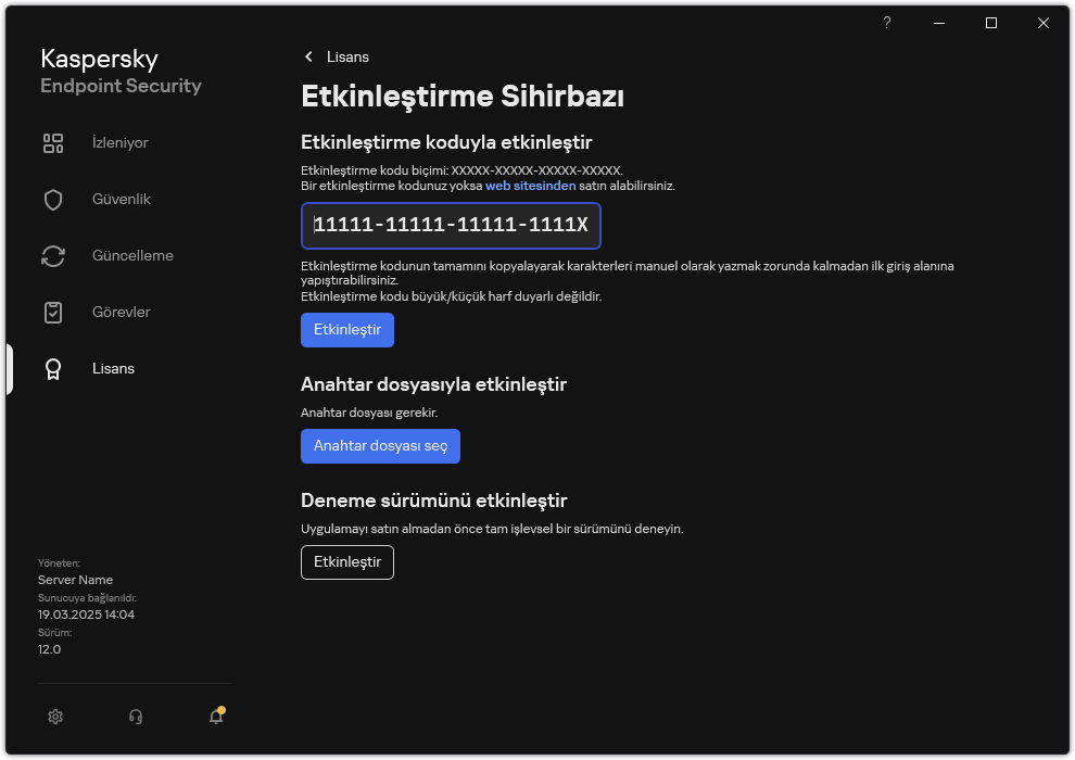 Uygulama etkinleştirme araçlarının bulunduğu pencere. Kullanıcı bir etkinleştirme kodu girebilir veya bir anahtar dosyası seçebilir.